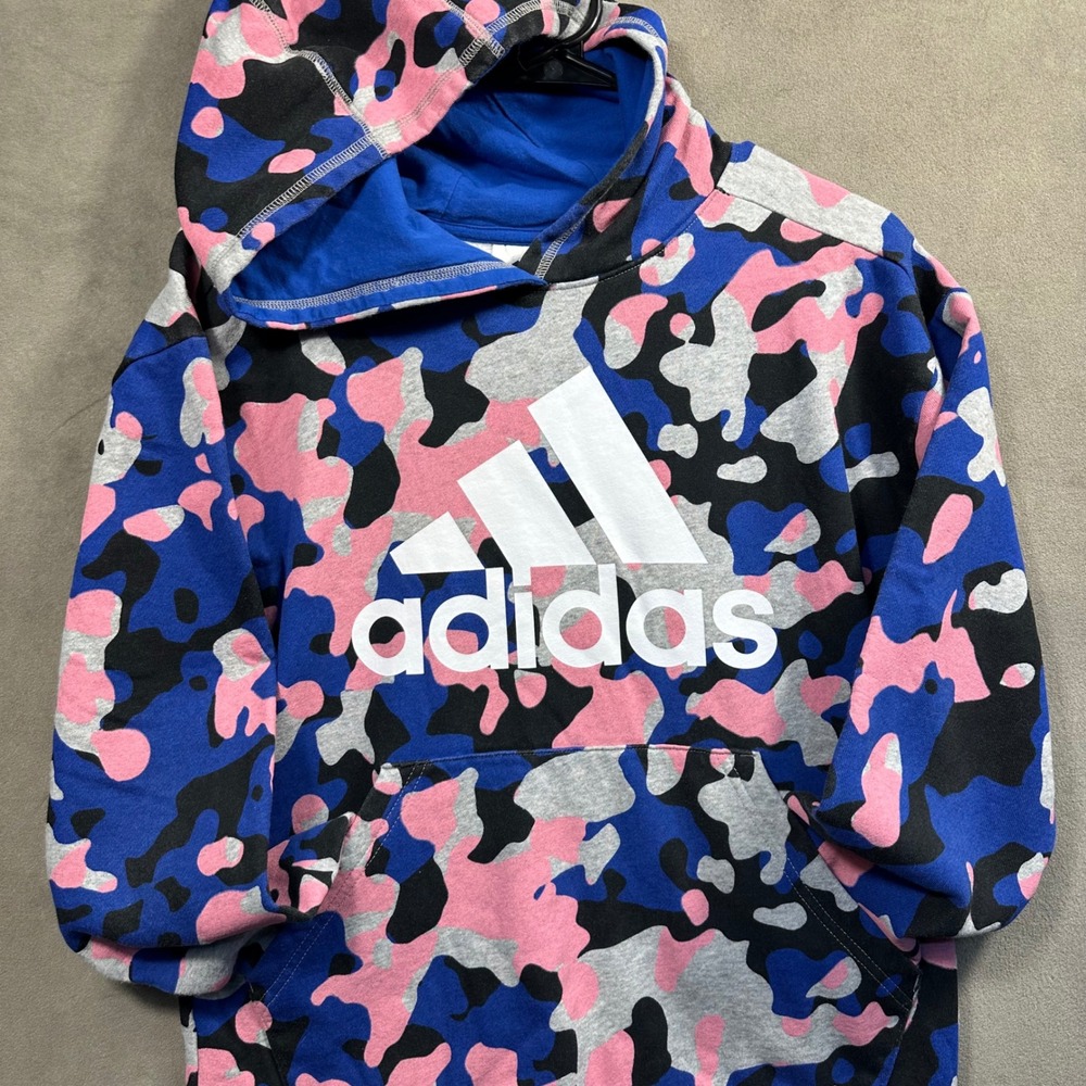 Adidas Hoodie Women L Pink Blue Grey Camo Logo Pullover Sweatshirt Excellent